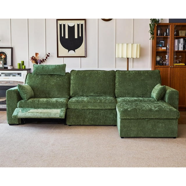 BEDEEP Canapé Inclinable Électrique 125 Pieds' avec Appui-Tête, Canapé Sectionnel en Chenille avec Rangement Ottoman Chaise Longue, Canapé Convertible 4 Places pour Salon RV, Vert