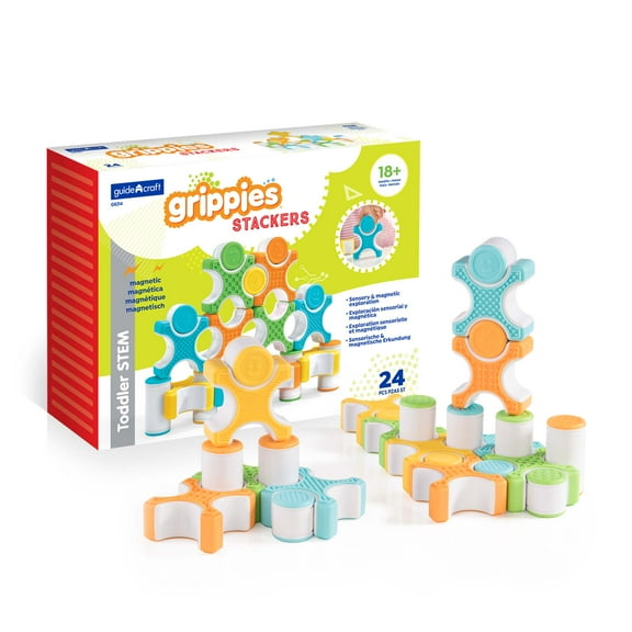 Guidecraft Grippies Stackers - 24 Piece Set: STEM Soft Grip Magnetic Building, Kids Learning and Educational Toy