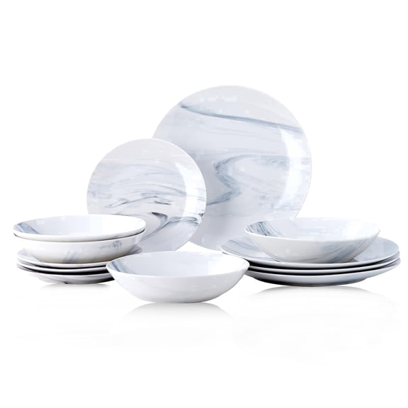 12 Piece Dinnerware Set ，Chip Resistant, Dinnerware Sets, Plates, Dishes, Bowls, Service for 4, Black And White