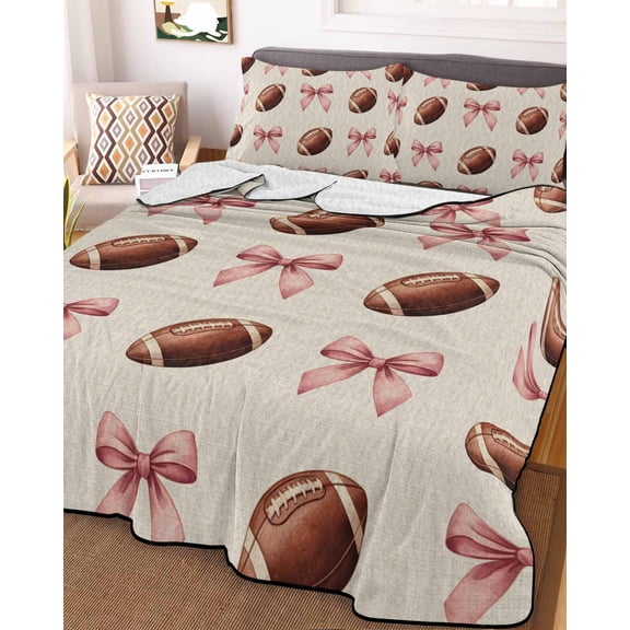 Pink Bow Football Full Size Down Alternative Comforter, Lightweight Comforter Quilt Bedding Set with Pillow Shams Modern Game Balls Retro Burlap All Seasons Bed Comforter Duvet Insert 78"x90"