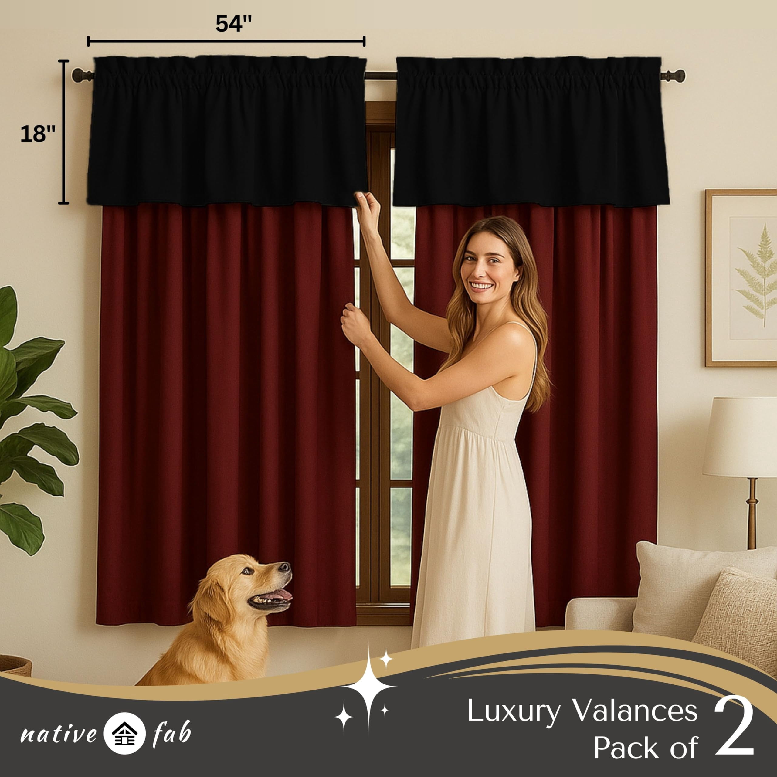 Native Fab Set of 2 Valance Curtains for Windows 54"x18" for Living Room Bedroom Kitchen Windows Bathroom, Farmhouse Vintage Curtain Valances Rod Pocket - Black