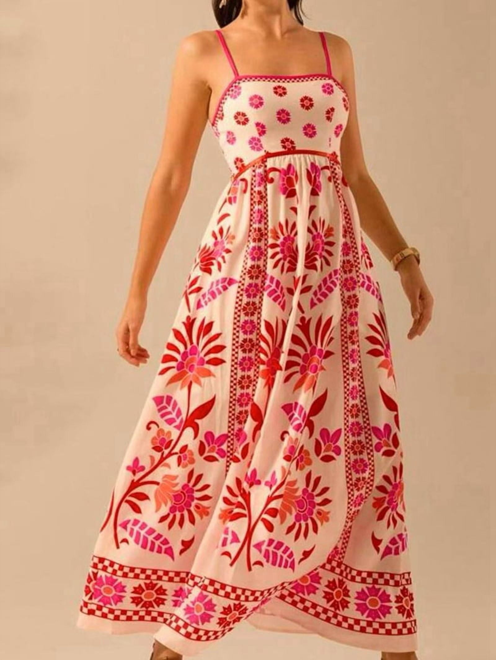 Womens 2025 Summer Floral Maxi Dress Sleeveless Spaghetti Strap Printed Smocked Boho Beach Long Dress Red M