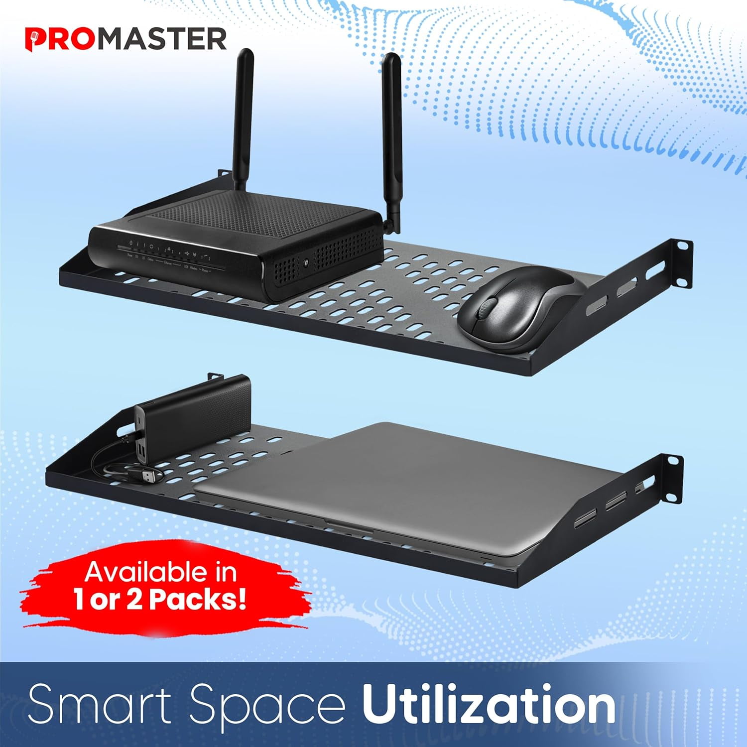 ProMaster Server Vented Shelf - 2-Pack 19 Inches, 10'' Deep, 1U Universal Integration Server Vented Rack Mounting Tray For Good Airflow, Cantilever Mount, Device and Equipment Wall Mounting - Black