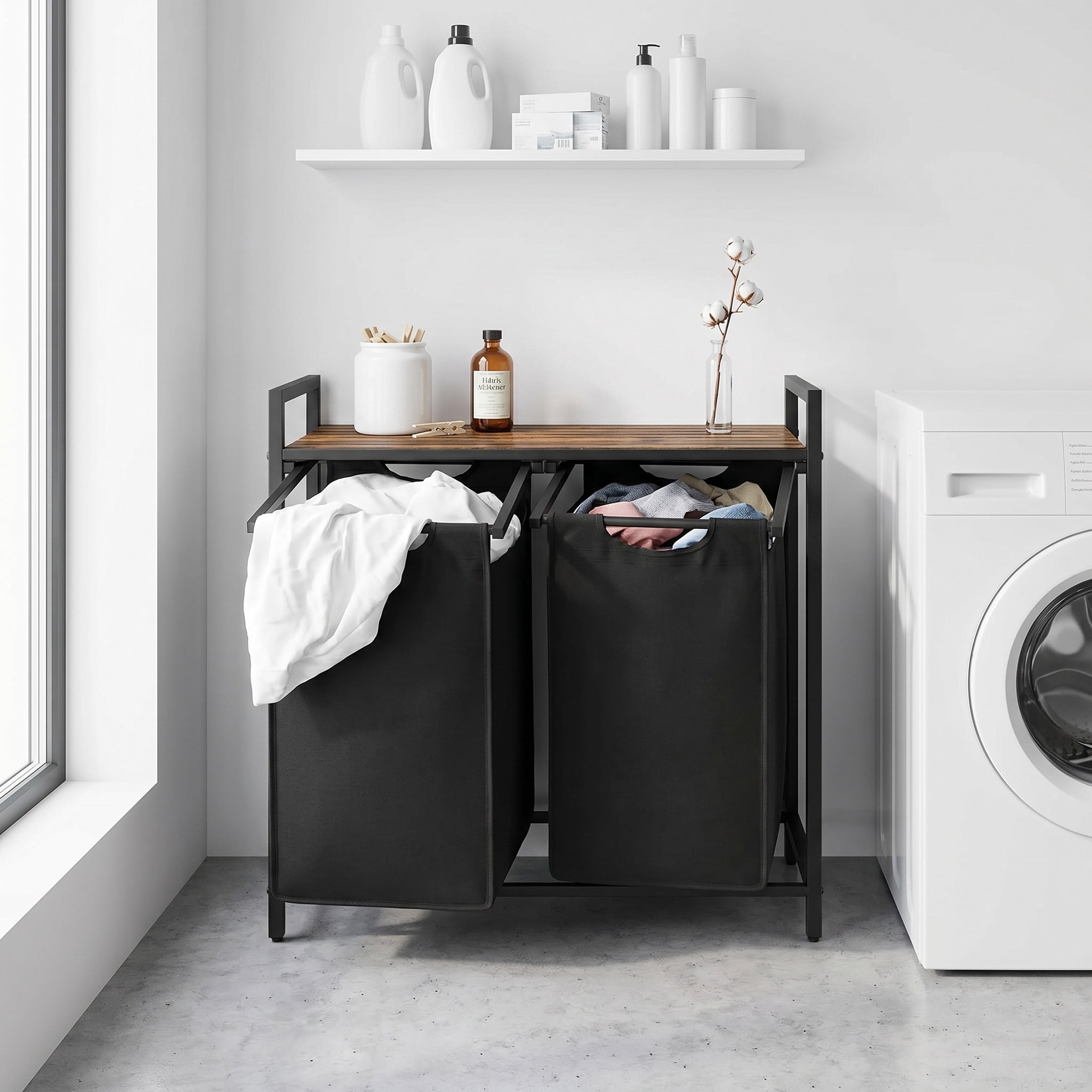 Nordic Hygge 2-Bag Laundry Sorter with Storage Shelf, Ink Black & Rustic Brown