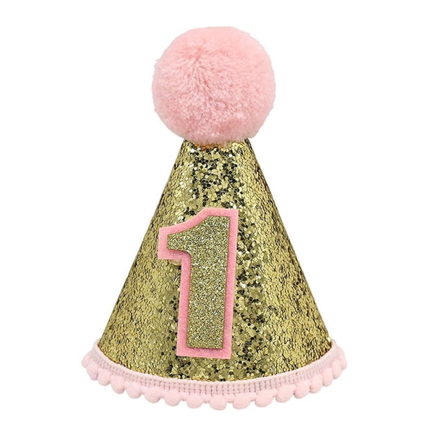 KAKOWELY Sombrero de primer cumpleaños, sombrero de cono de cumpleaños, sombrero de fiesta, gorro de cono de cumpleaños con purpurina para niño pequeño