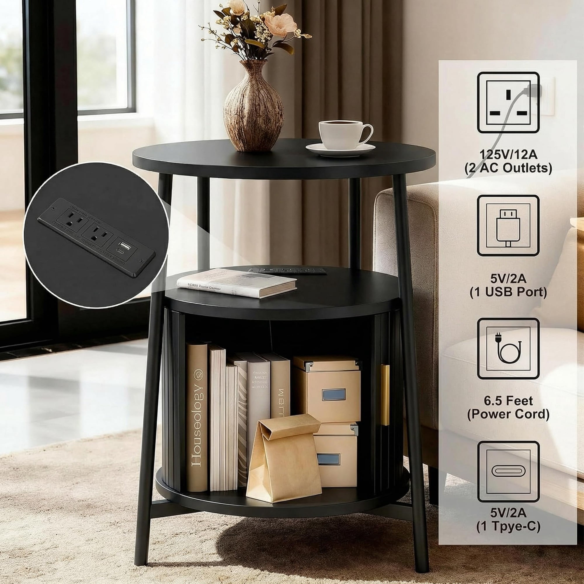 Round End Table Set of 2 with Charging Station, Fluted Side Table with Sliding Door, Mid Century Modern Nightstand for Bedroom & Living Room, Black