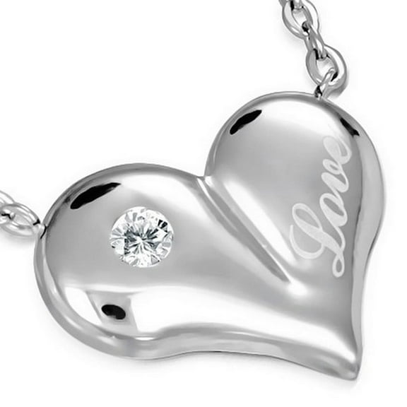 Stainless Steel Silver-Tone White CZ Love Heart Womens Pendant Necklace
