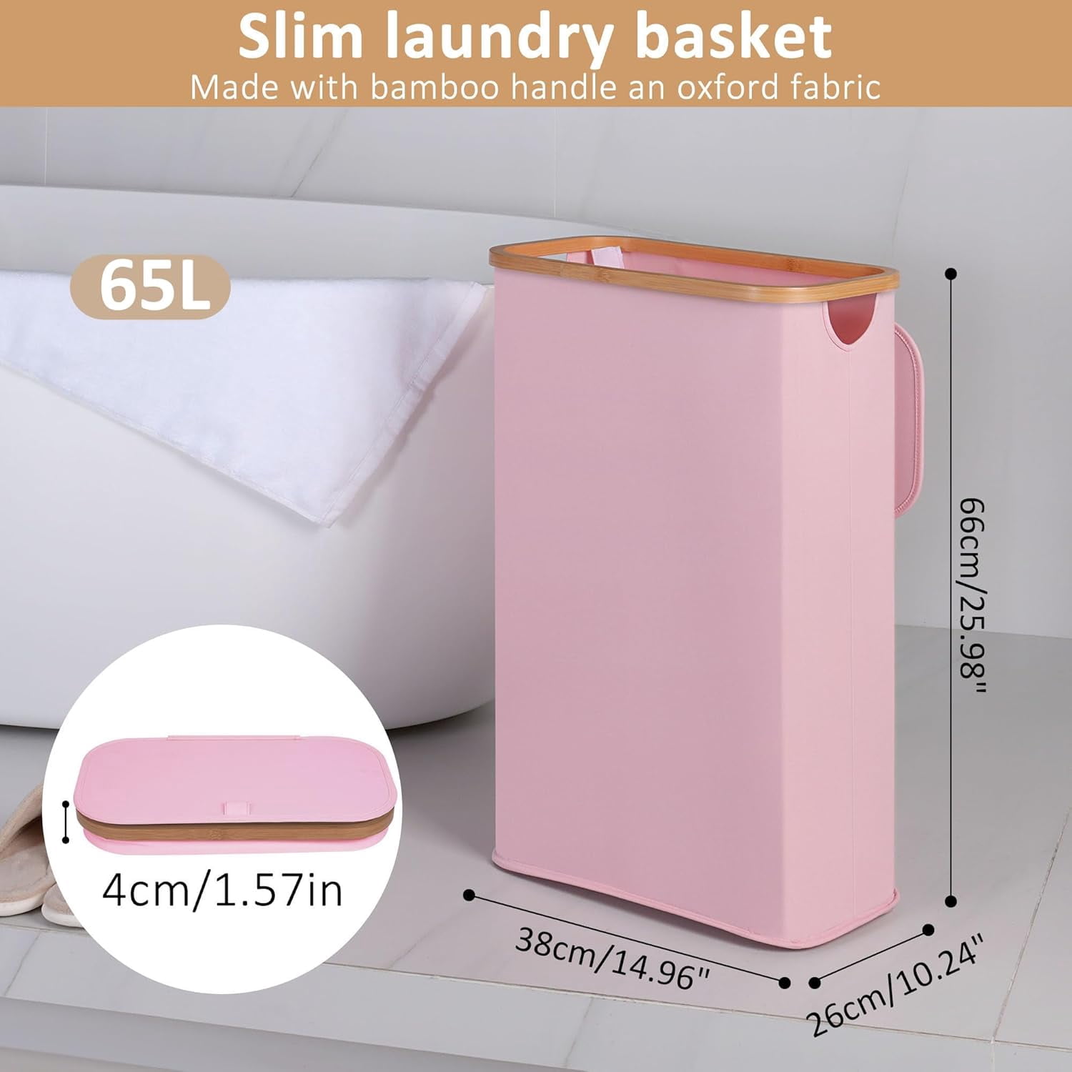 65L Slim Laundry Hamper, Narrow Laundry Basket with Lid,Foldable Clothes Hamper with Bamboo Handles,Hamper Basket with Removable Inner Bag for Laundry Room Bedroom College Dorm,17.17 Gals Pink