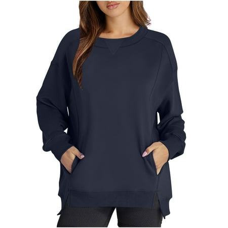 Penkiiy Womens Sweatshirt Crewneck Pullover Tops Oversized Sweat Shirts with Pockets 2024 Fall Outfits S Navy