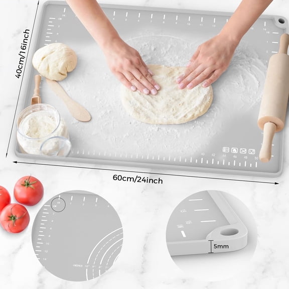 Silicone Baking Mat 24" x 16", Extra Thick Dough Rolling Mat with Measurements and Edge Heightening, Non-Stick Food Grade Silicone for Pastry, Bread