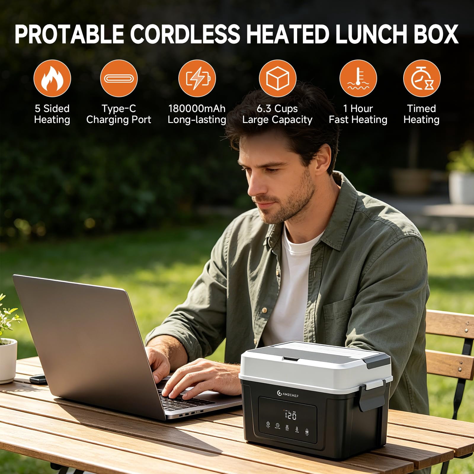 AMZCHEF Electric Food Warmer Lunch Box Portable Cordless Fast Heating Rechargeable Battery Leakproof Stainless Steel Plastic Reusable Lunch Boxes
