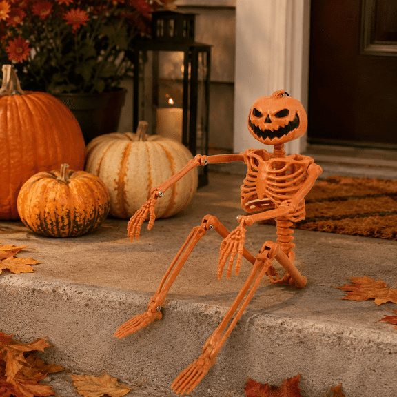 Halloween Pumpkin Head Skeleton Halloween Decorations, 15.7 in Adjustable Pose Skeleton Prop, Halloween Party Decorations for Yard Porch