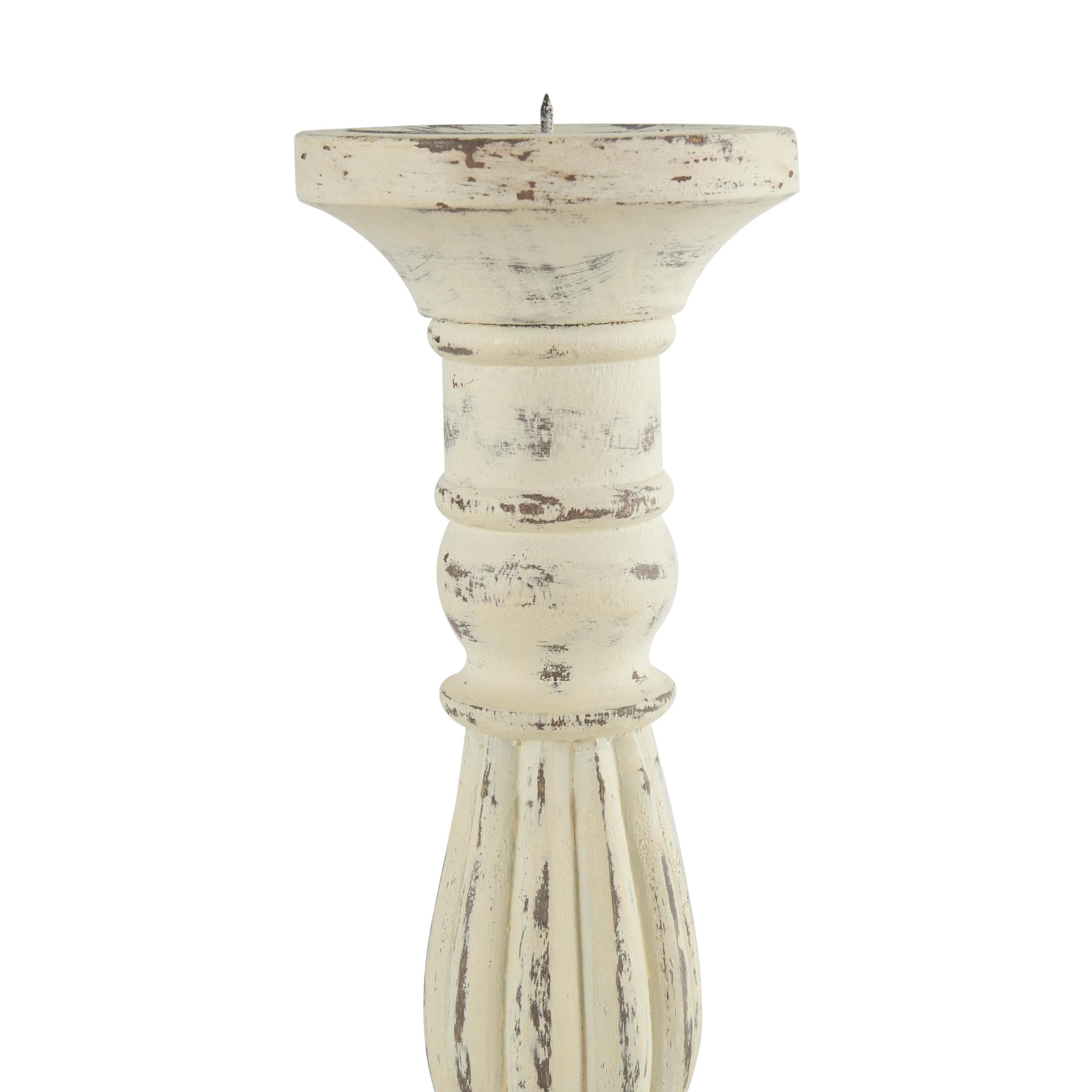DecMode 3 Candle White Mango Wood Tall Distressed Turned Candle Holder, Set of 3