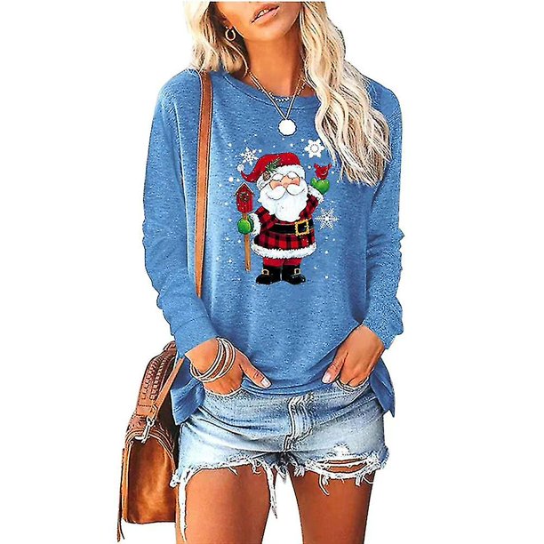 45*45cm yellow Camiseta de manga larga navideña con cuello redondo de Papá Noel para mujer