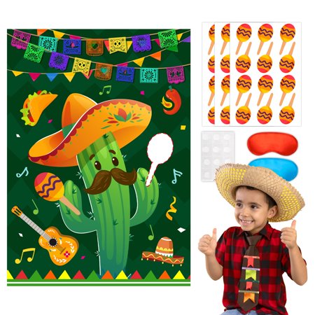 Pin The Maracas on The Cactus Mexican Games, 7 pcs Mexican Party Pin Game Set - Mexican Fiesta Party Games Poster Blindfold Maracas Mexican Stickers etc Mexican Birthday Party Decorations Supplies