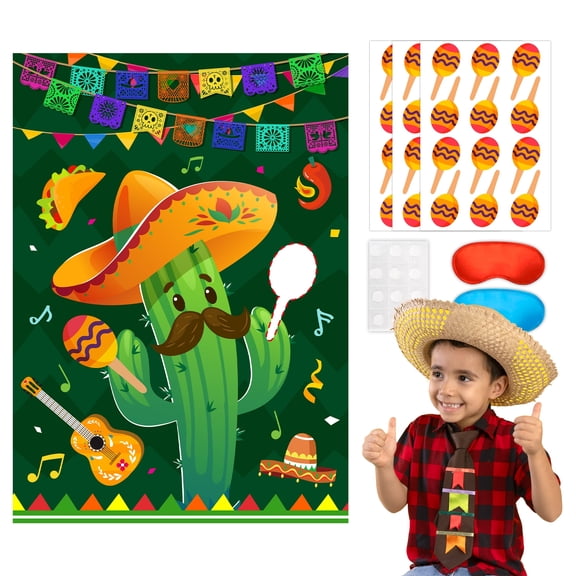 Pin The Maracas on The Cactus Mexican Games, 7 pcs Mexican Party Pin Game Set - Mexican Fiesta Party Games Poster Blindfold Maracas Mexican Stickers etc Mexican Birthday Party Decorations Supplies