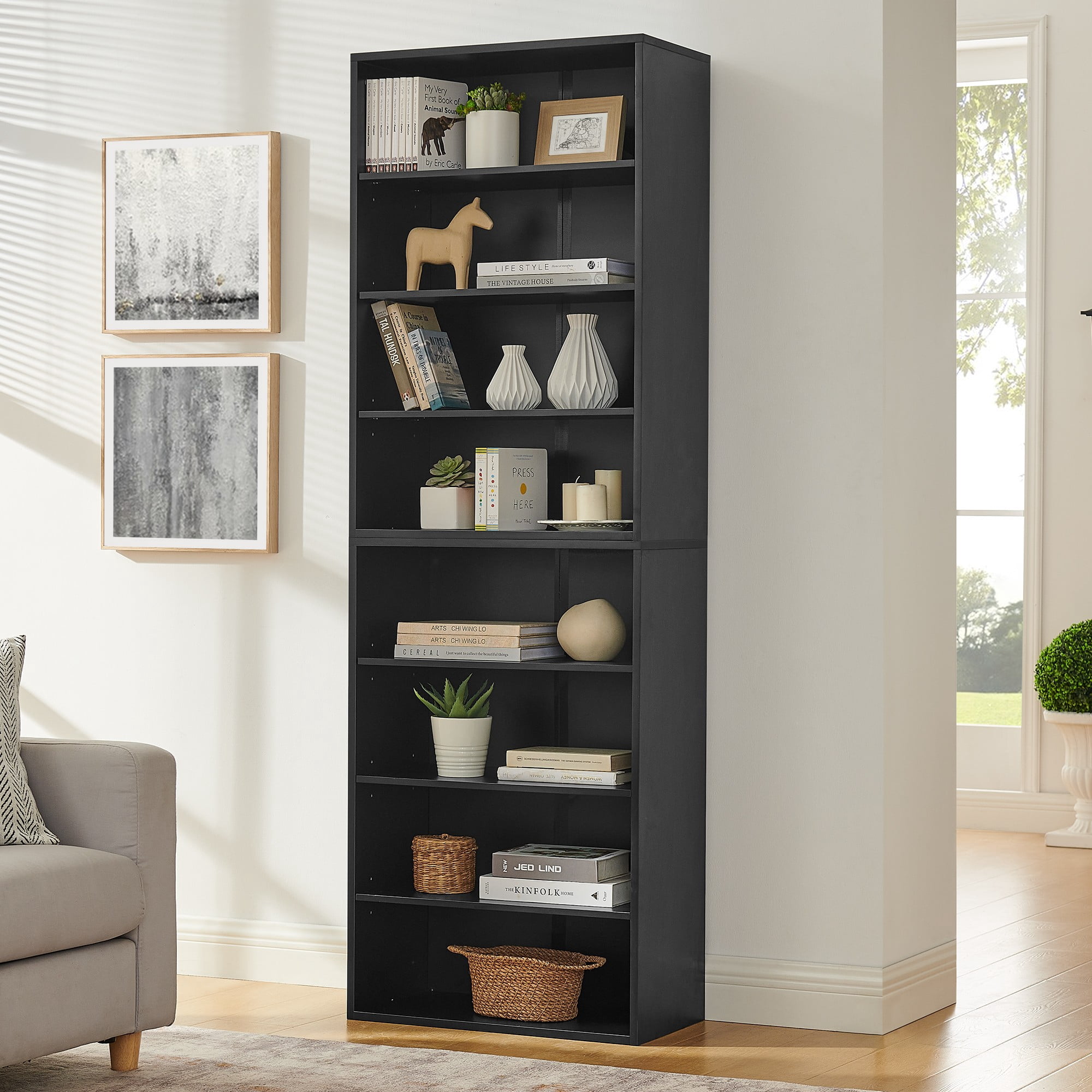 8-Tier Bookcase with Adjustable Shelves,Multi-Functional Double-layer Bookcas,Disassembled Two 4-layer Storage Bookcases for Home Office Living Room,Black