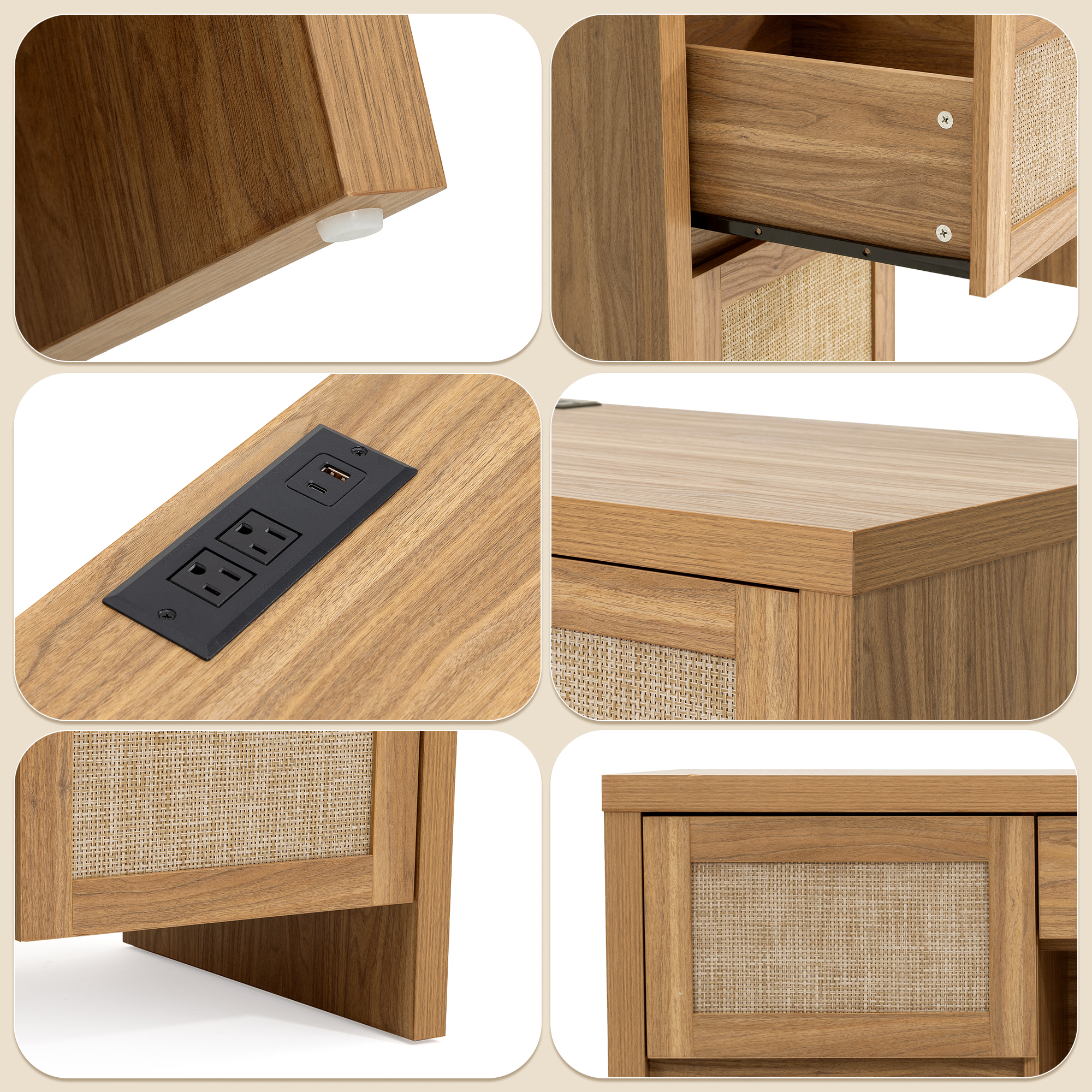 Brafab Home Office Desk with Charging Station, 5-Drawer Executive Desk with Rattan Front, Modern Farmhouse Computer Writing Desk, Built-in USB/Type-C Ports & Outlets