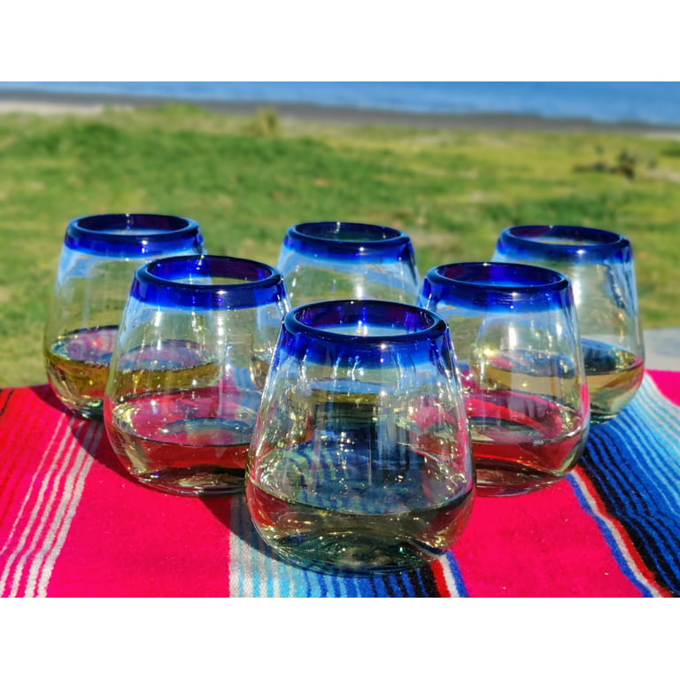 Hand Blown Mexican Stemless Wine Glasses - Set of 6 Glasses with Cobalt  Blue Rims 15 oz