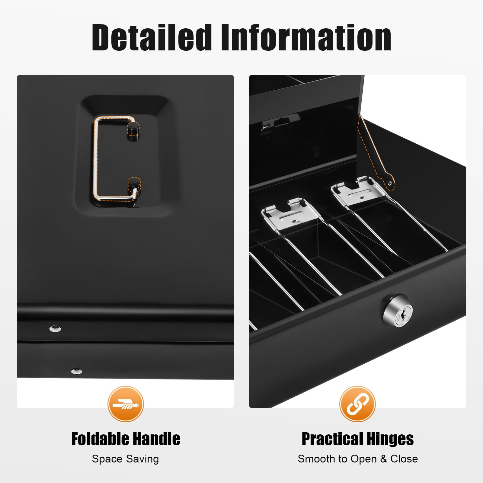 Large Cash Box with Money Tray and Lock, Metal Money Box for Cash, Lock Safe Box for Money 11.8" x 9.4" x 3.5", 4 Bill 5 Coin Slots
