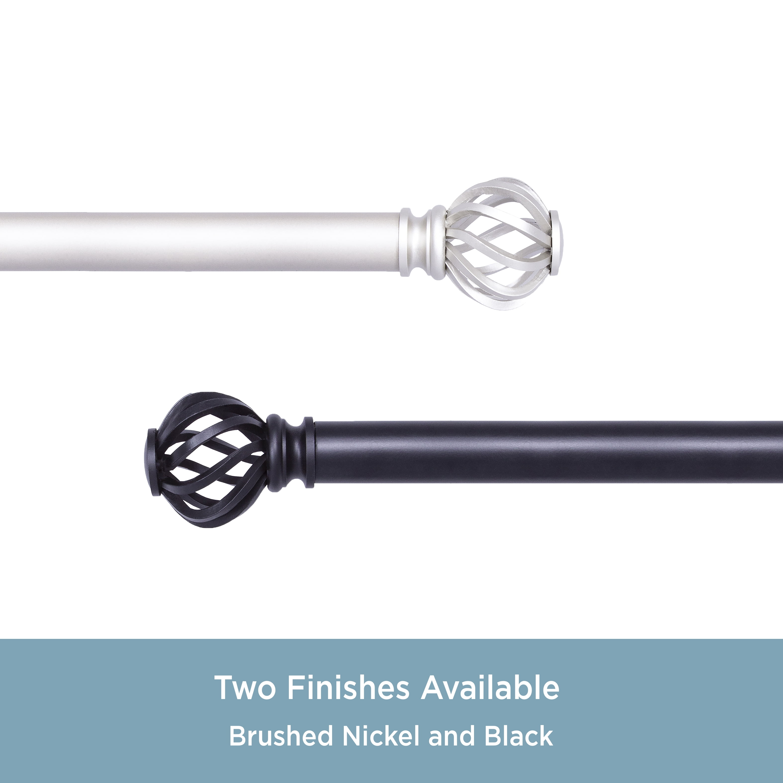 Kenney 1" Diameter Curtain Deco Rod 30" x 84", Modern Single Curtain Rod, Plastic Finial, Cage Style, Black