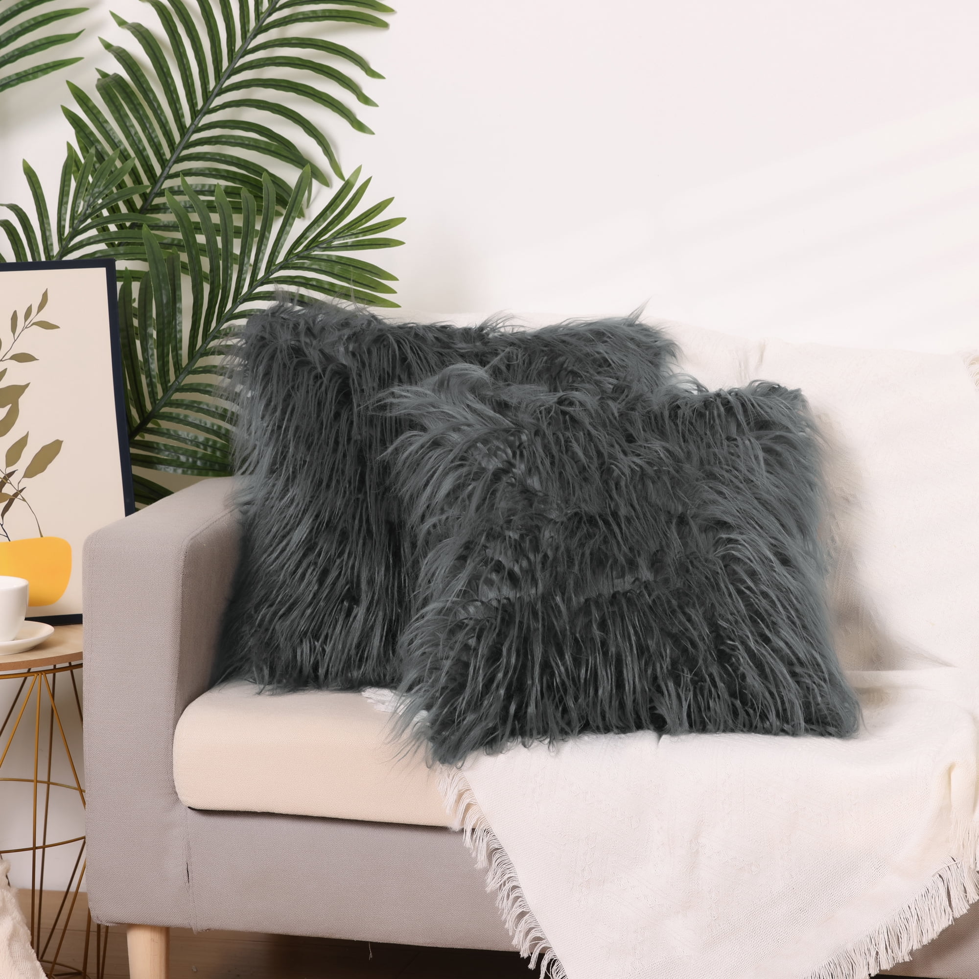 Unique Bargains Faux Fluffy Zipper Closure Cushion Covers Throw Pillow Covers (2 Count) Dark Gray 18" x 18"