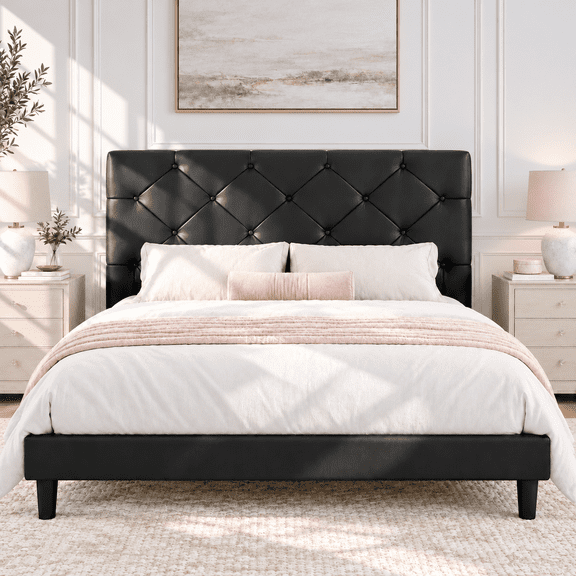 Queen Bed Frame with Upholstered Faux Leather Headboard, UHOMEPRO Platform Bed Frame with Wood Slat Support, No Box Spring Needed, Black