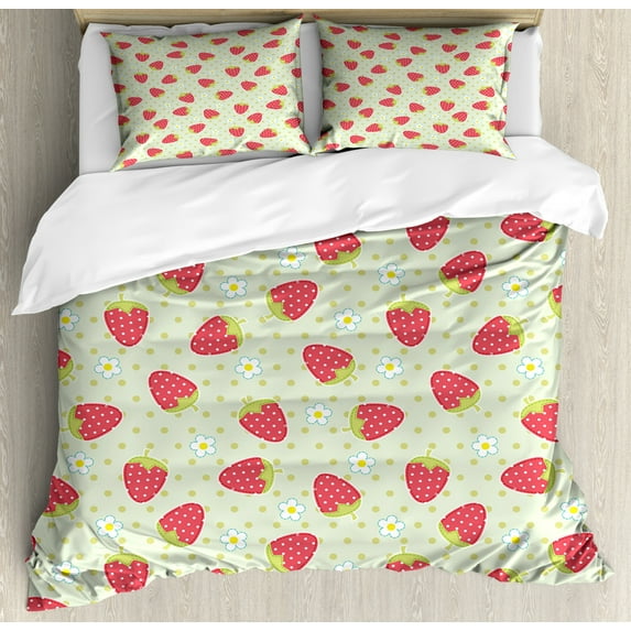 Fruits Duvet Cover Set King Size, Spring Daisy Blooms Fresh Strawberry Polka Dots Cheerful Life Baby Cartoon Art, Decorative 3 Piece Bedding Set with 2 Pillow Shams, Pale Green Red, by Ambesonne