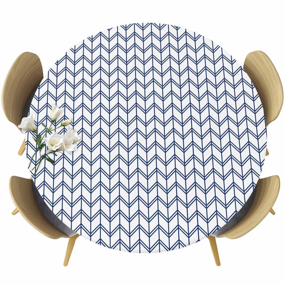 Striped Abstract Round Fitted Table Cover Chevron Pattern Navy Blue Line Waterproof Table Cloth with Elastic Edge Wipeable Tablecloth for Picnic Camping Party Fits 55"-60" Diameter