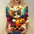 thumbnail image 2 of Halloween Cat Witch Print Women's Long Sleeve Shirt, Cute Pumpkin Lantern Graphic Top, Casual Holiday Tee Halloween Tops for Women, 2 of 3