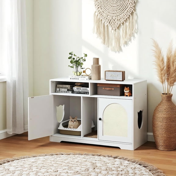 Yardi Yarda 43 Inches Cat Litter Box Enclosure with Storage and Double Rooms, Cat House, Cat Condos for Indoor Cats, Pet Furniture-White