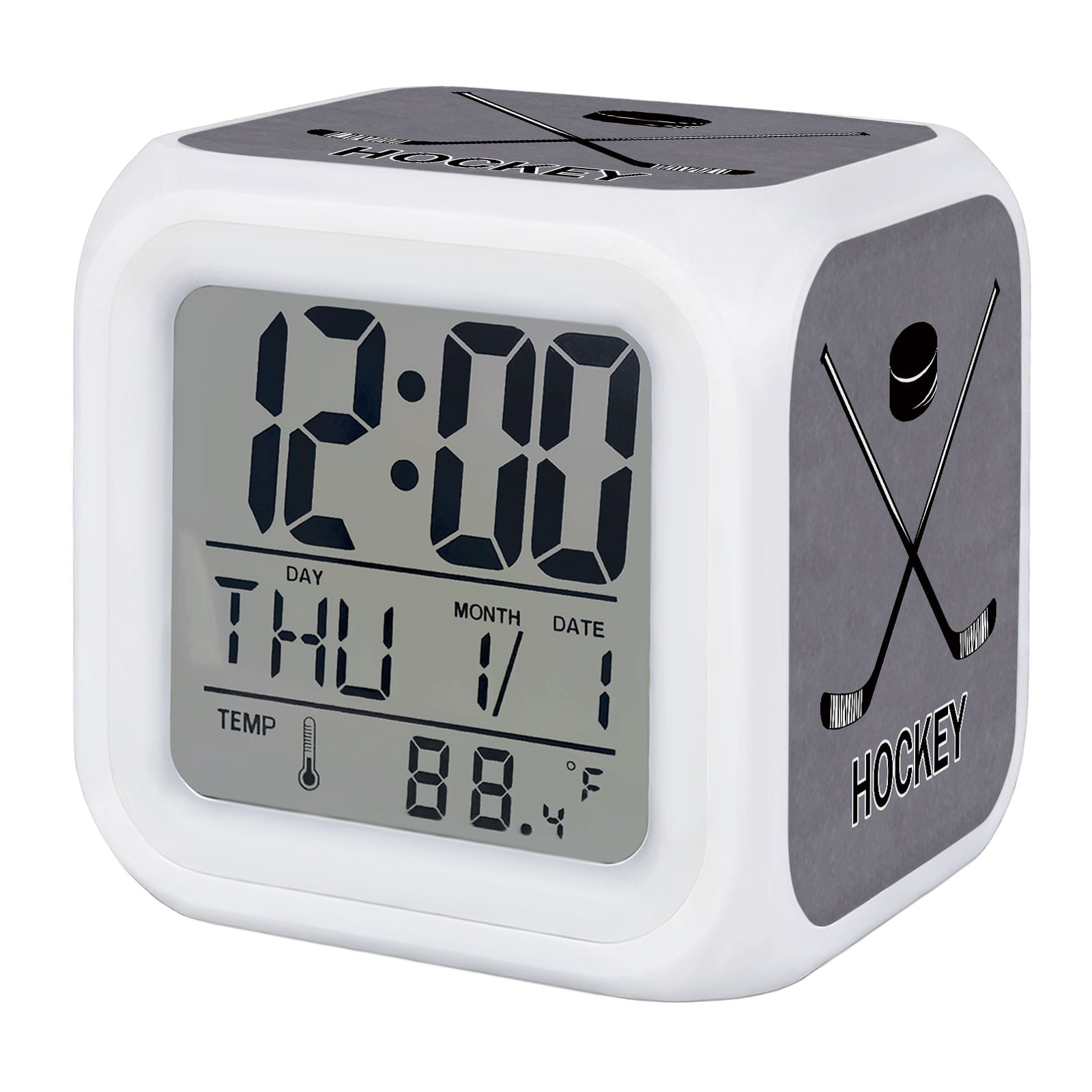 Hockey Sport Alarm Clock, Vintage Dark Grey Background Match Digital Clock Night Light with 7 Color, Calendar Temperature Display, LED Desk Small Clock for Bedrooms Bedside Living Room
