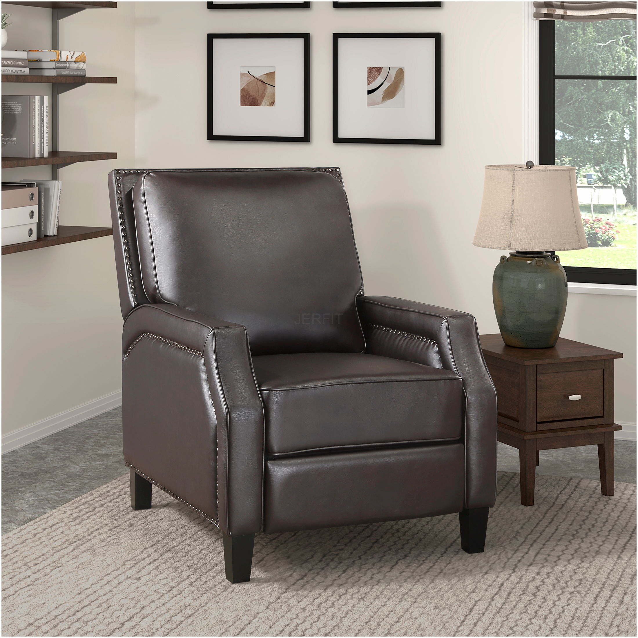 JERFIT Push Back Recliner Chair Dark Brown Faux Leather, Modern Transitional Living Room Furniture with Self-Reclining Motion and Nailhead Trim