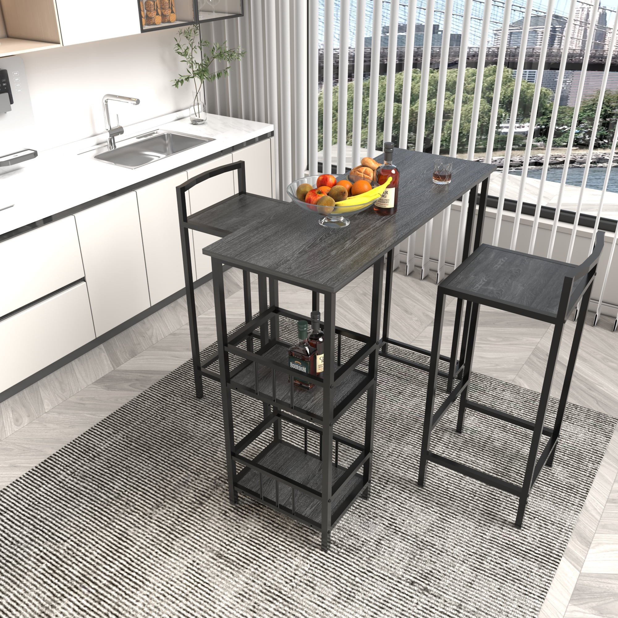 HOQBN 3 Piece Counter Height Bar Table Set,Rectangular Pub High Table with 2 Backless Bar Stools and 3-Tier Side Storage Shelves,Industrial Wood Grain Bar Furniture for Balcony Kitchen Small Home Bar
