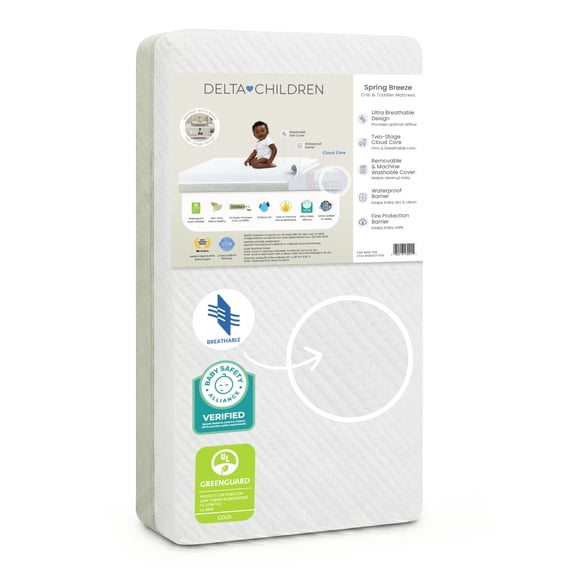 Delta Children Spring Breeze Mattress - Breathable Baby Crib & Toddler Mattress with Cloud Core - Machine Washable Cover - GREENGUARD Gold – Waterproof - Sustainably Sourced Core, Artic Blue/White