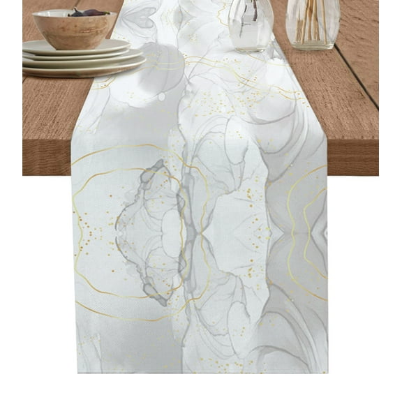 Table Runner Dresser Scarves 90 Inch Long, Abstract White Grey Marble Stone Linen Dining Table Runners Natural Agate with Gold Line Tabletop Scarf for Wedding Holiday Party Kitchen