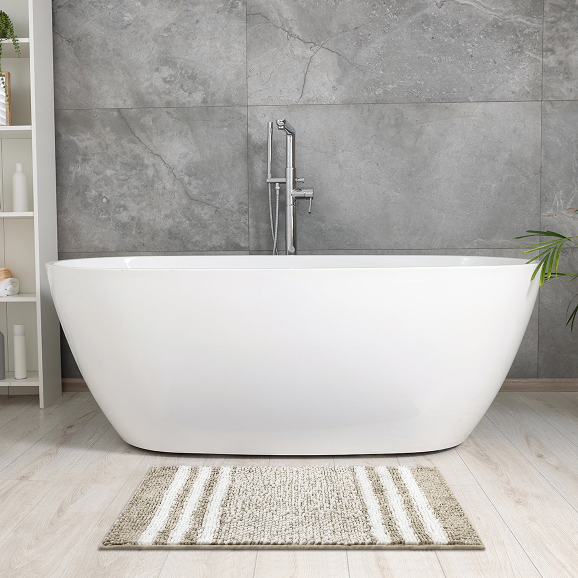 Unique Bargains Striped Chenille Bathroom Rug with Edges Non-Slip Bathroom Floor Mat Khaki 16" x 24"