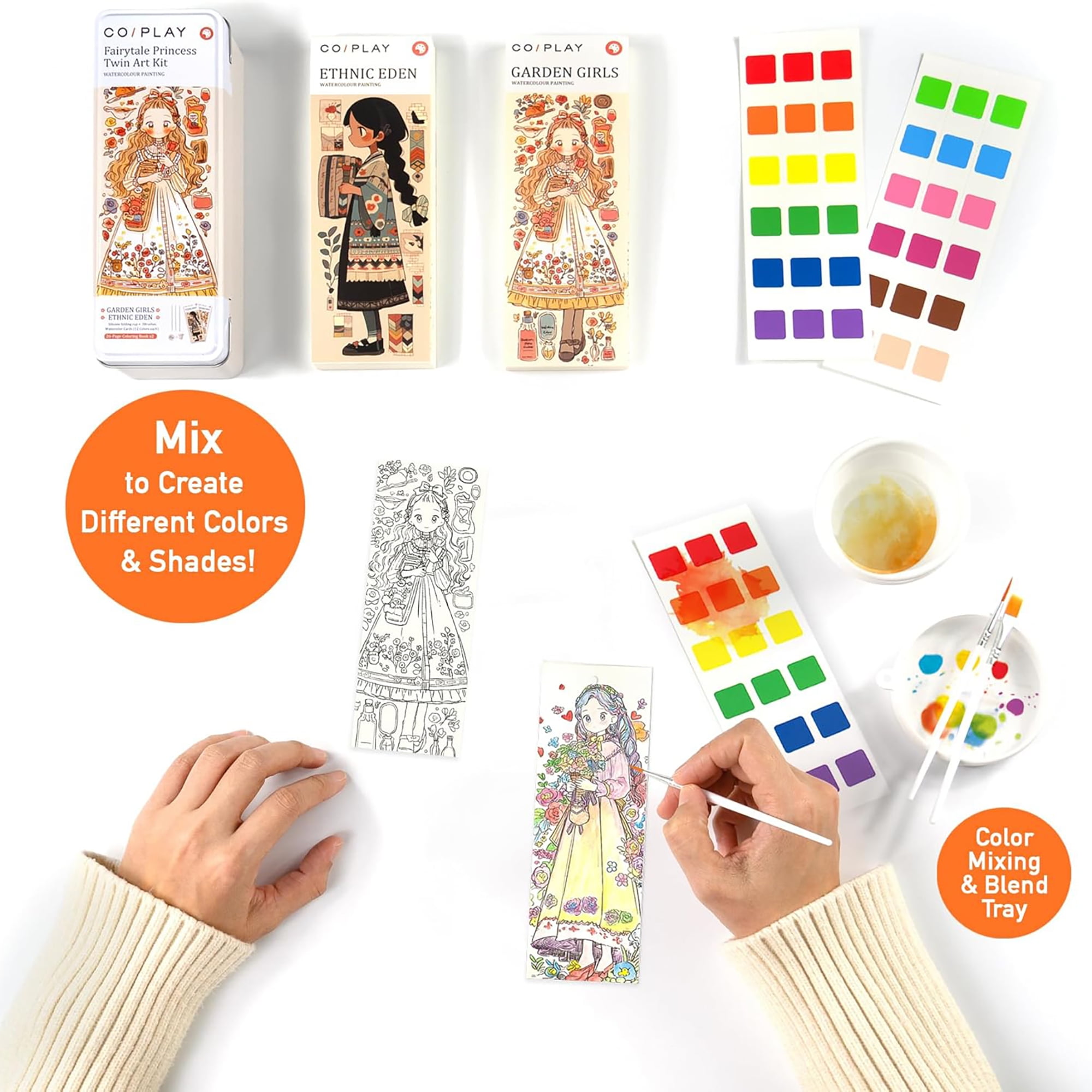 COIPLAY: Watercolor Painting Art Kit - Fairytale Princess - Tin Box, 52 Character Bookmarks, 648 Color Blocks, 3 Brushes, Silicone Cup, Adults-Kids 6+