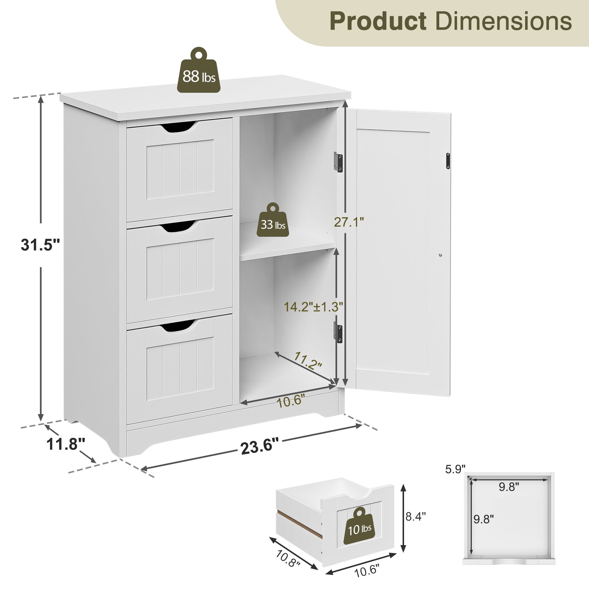 ZENSTYLE Bathroom Cabinet 3 Drawers Storage Organizer Floor Cupboard Home Decor White