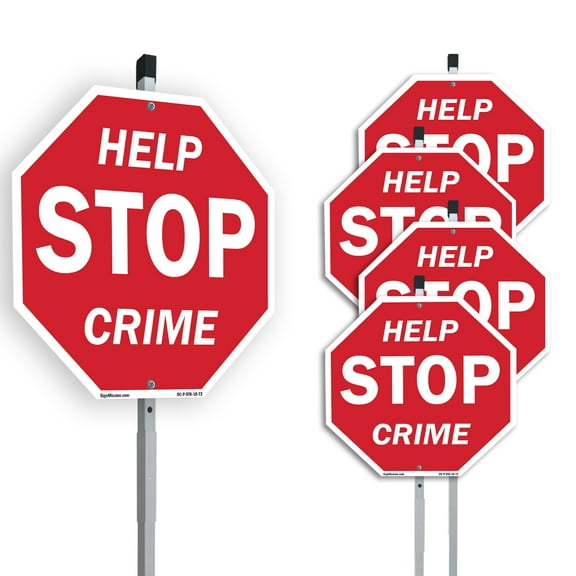 Help Stop Crime (5 Pack) 10 inch X 10 inch Octagon Plastic Signs with Aluminum Mounting Stakes Weather Resistant UV Protected for Workplace Private Property and Construction Site Made