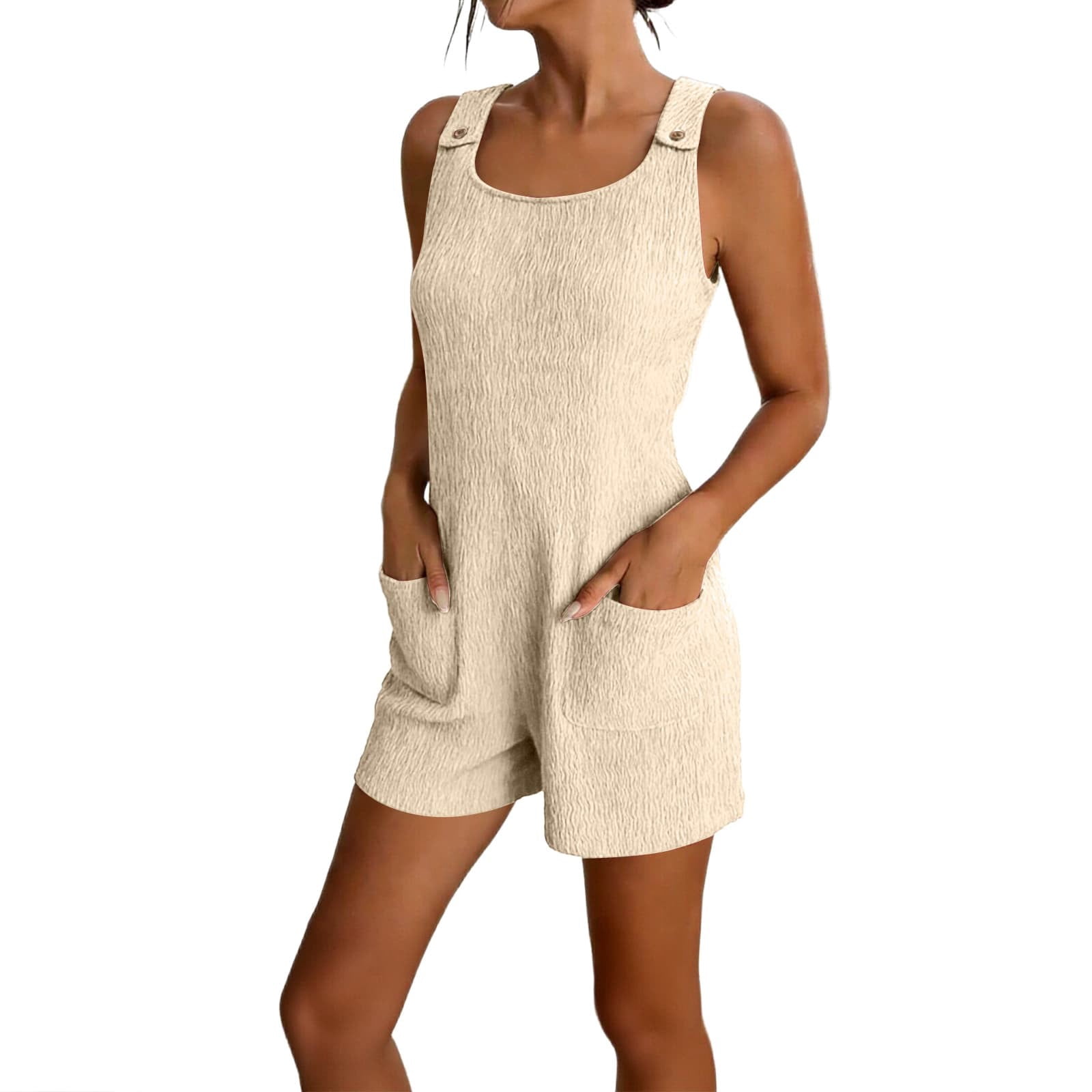 Feancey Women's Short Overalls Summer Sleeveless Loose Romper Shorts Lightweight Casual One Piece Jumpsuits with Pockets for Beach Vacation Beige S