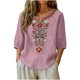 thumbnail image 1 of Neewe Women's Embroidered Tops 3/4 Sleeve Traditional Boho Shirts for Women V Neck Peasant Tunic Blouses, 1 of 8
