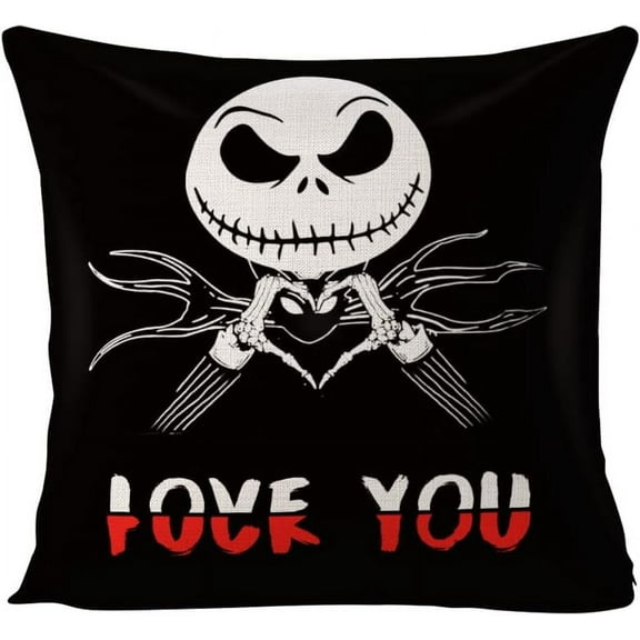 Jack Skellington Throw Pillow Cover - Christmas Decoration, Jack Love You Pillow Case, Cotton Linen Throw Pillowcase 18 x 18 Inch, No Pillow Insert