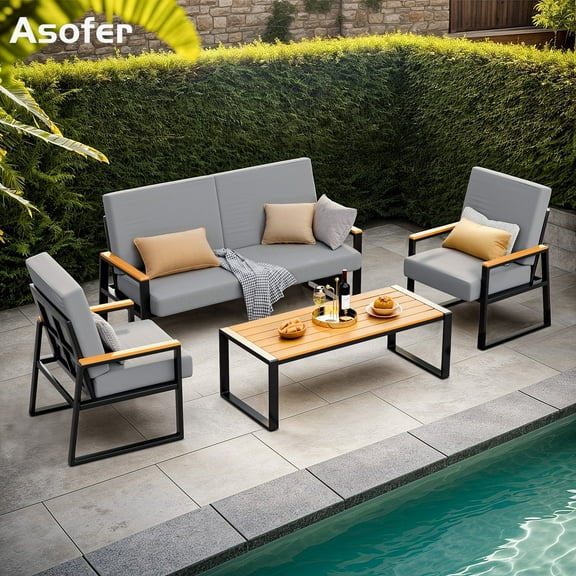 Patio Furniture Set, Asofer 4 Piece Outdoor Chairs with Soft Cushion & Anti-Scald Handle for Porch, Lawn, Yard, Poolside, Gray
