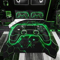 Feelyou Futuristic Gamepad Queen Comforter Set, Neon Glowing Honeycomb Bedding Sets, Glitter Green Games Console Reversible Bedding Comforter Set, Luxury Bedroom Decor, 3 Pieces