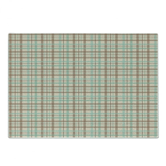 Plaid Cutting Board, Scottish Country Style Tartan with Abstract Design Diagonal Striped Lines, Decorative Tempered Glass Cutting and Serving Board, Small Size, Brown Mint Green Beige, by Ambesonne