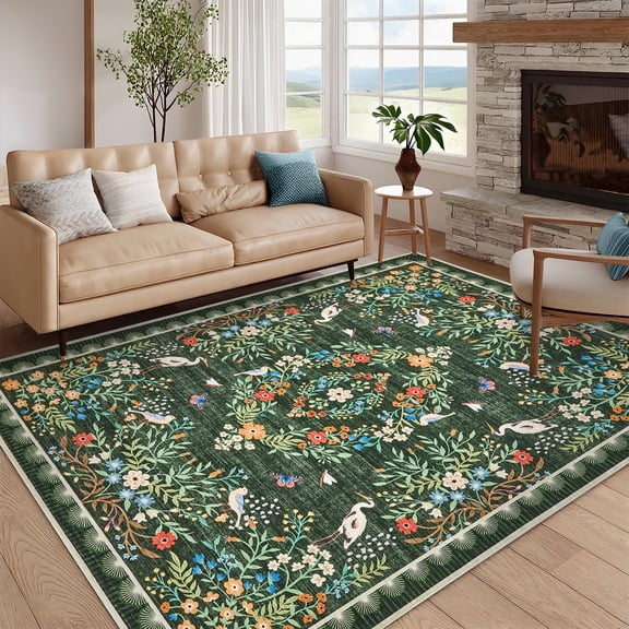 Garvee 8'x10' Bohemian Floral Area Rug Distressed Oriental Carpet, Washable Rug with Non Slip Backing Farmhouse Indoor Rug for Living Room Bedroom Home Office, Green