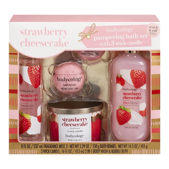 Bodycology Strawberry Cheesecake Pampering Bath Set with 3 Wick Candle