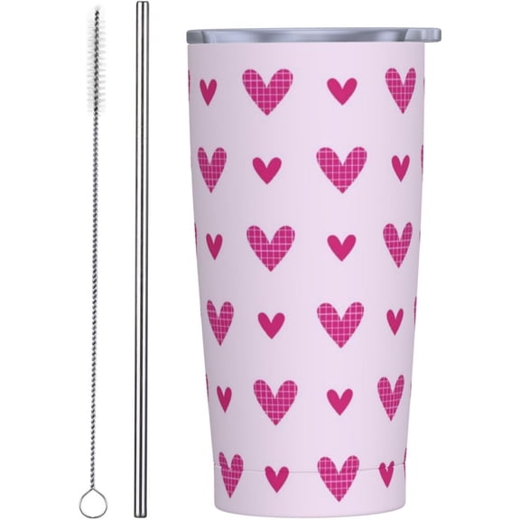 20oz Pink Love Heart Tumbler, Boho Hearts Stainless Steel Travel Coffee Mug with Lid Straw, Women Anniversary Thermal Coffee Cup Double Wall Vacuum Insulated Tumblers for Hot Cold Drinks