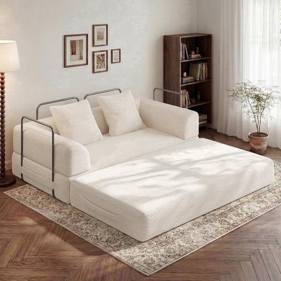 Corduroy Futon Floor Sofa Bed 70 Inch, 4-in-1 Convertible Foldable Loveseat Sleeper, High-Density Sponge 2 Seater Lounge Couch Daybed for Living Room, Beige